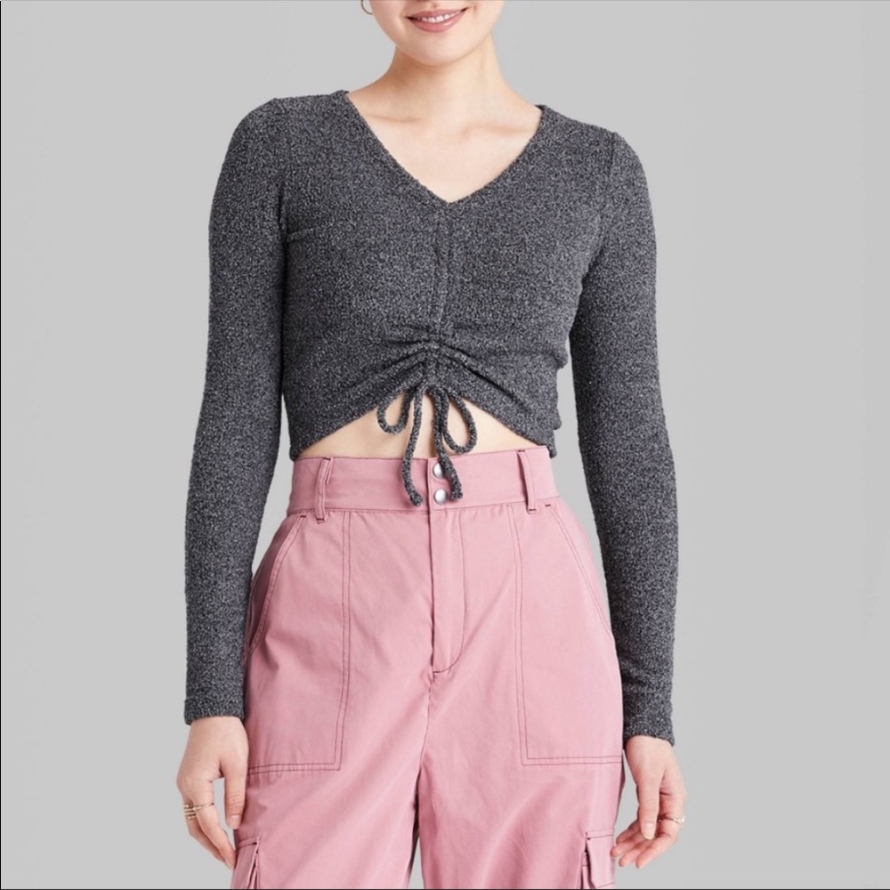 Wild Fable Long Sleeve V-Neck Ruched Knit Sweater in Purple size L